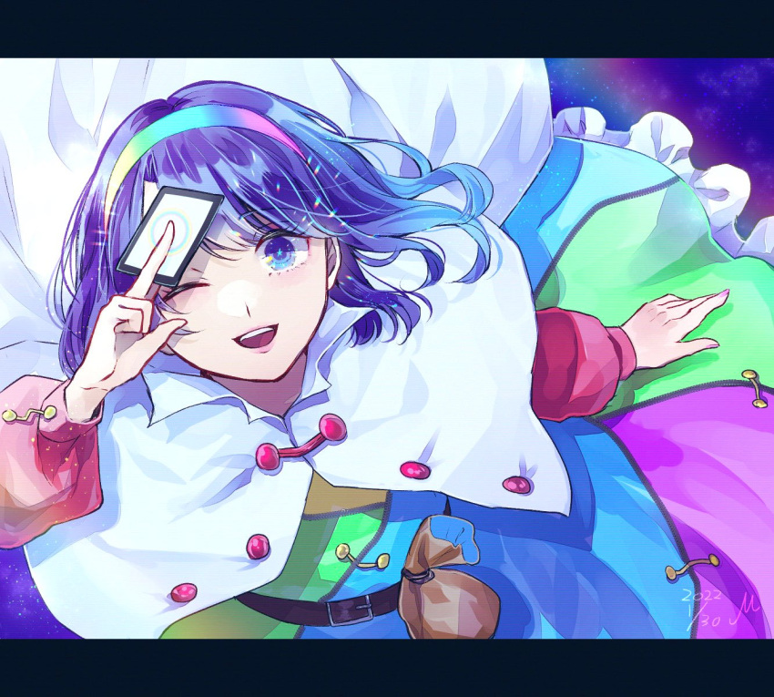 1girl ;d arm_up bangs belt belt_buckle between_fingers blush buckle buttons cape card commentary_request dated dress eyelashes fingernails frilled_dress frills highres holding holding_card letterboxed long_sleeves looking_at_viewer m_(neteitai10) multicolored_clothes multicolored_hairband one_eye_closed open_mouth parted_lips patchwork_clothes pouch purple_hair rainbow_gradient red_button shiny shiny_hair short_hair signature smile solo star-shaped_pupils star_(symbol) symbol-shaped_pupils teeth tenkyuu_chimata tongue touhou two-sided_cape two-sided_fabric upper_teeth violet_eyes