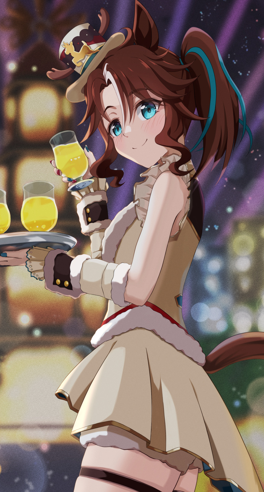 1girl absurdres animal_ears blue_eyes blue_hair blue_nails blurry blurry_background blush brown_hair brown_headwear brown_shirt brown_skirt chokin_tsucho closed_mouth commentary_request cup depth_of_field drinking_glass hair_between_eyes highres holding holding_cup holding_tray horse_ears horse_girl horse_tail looking_at_viewer looking_to_the_side mejiro_palmer_(umamusume) multicolored_hair nail_polish parted_bangs pleated_skirt shirt skirt smile solo streaked_hair tail tilted_headwear tray umamusume white_hair