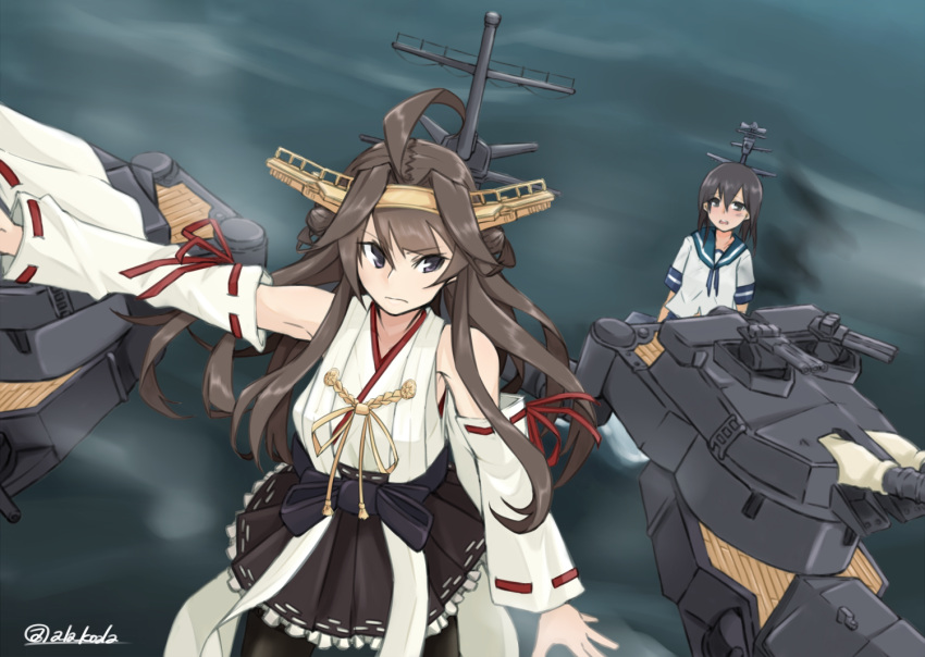 2girls ahoge alakoala_shoushou bare_shoulders black_eyes black_hair black_legwear black_skirt blue_sailor_collar brown_hair detached_sleeves double_bun fubuki_(kantai_collection) hairband headgear kantai_collection kantai_collection_(anime) kongou_(kantai_collection) long_hair low_ponytail machinery multiple_girls nontraditional_miko pleated_skirt ponytail ribbon-trimmed_sleeves ribbon_trim school_uniform serafuku short_ponytail sidelocks skirt