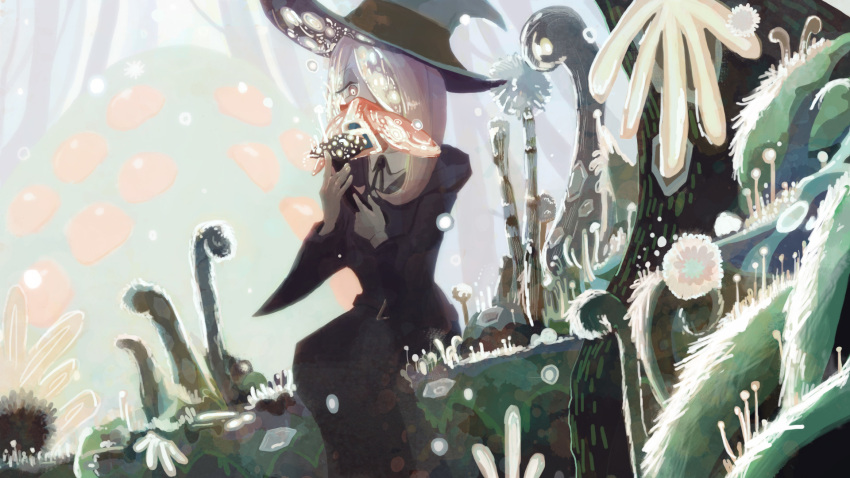 1girl black_clothes black_hat hair_over_one_eye hat highres hshmt0 little_witch_academia monster mushroom outdoors plant purple_hair red_eyes sitting solo sucy_manbavaran tree witch_hat