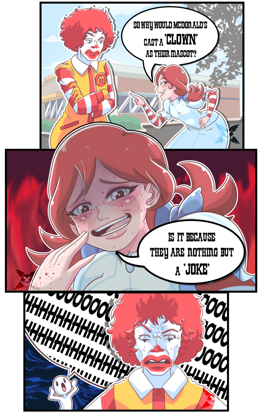 1boy 1girl absurdres braid comic crossover facepaint freckles highres mcdonald's redhead ronald_mcdonald smile striped twin_braids twintails wendy's wendy_(wendy's)
