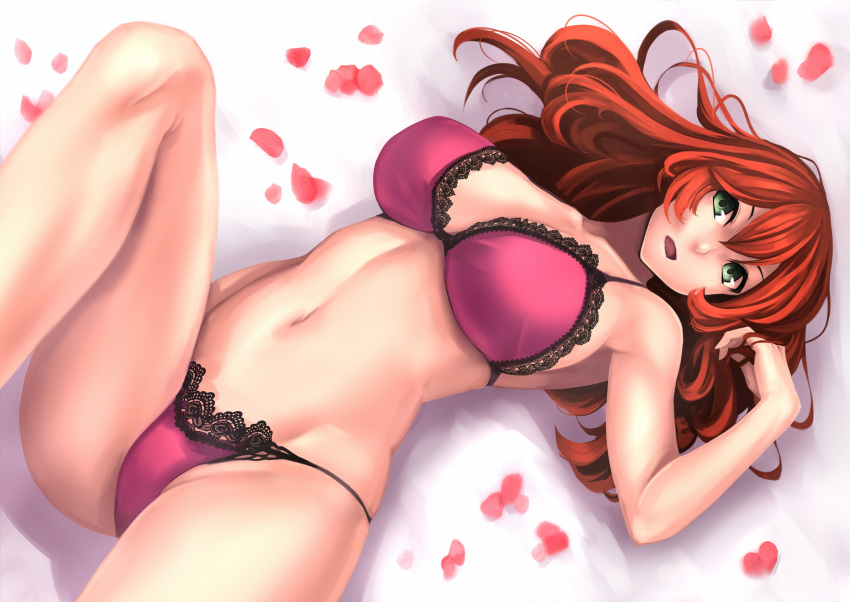 1girl armpits bare_arms bare_legs bare_shoulders bra breasts green_eyes groin hair_between_eyes highres lace lace-trimmed_bra lace-trimmed_panties large_breasts long_hair looking_at_viewer lying navel on_back open_mouth original panties petals pink_bra pink_panties redhead rose_petals solo stomach underwear underwear_only yashichii