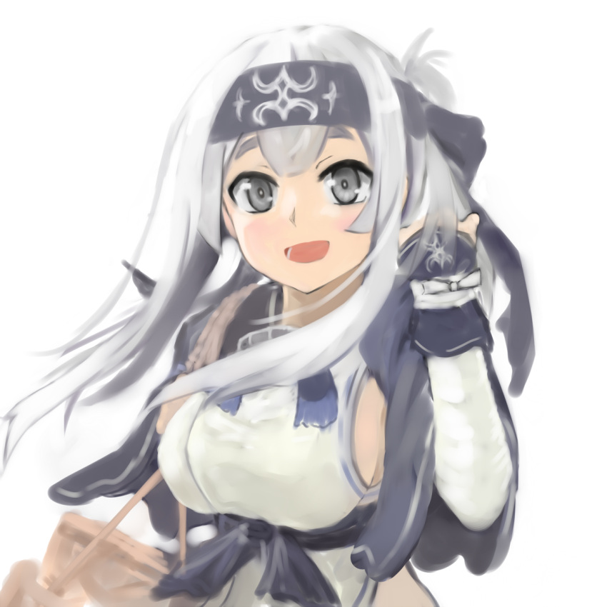 1girl ainu_clothes bandanna basket gauntlets grey_eyes headband highres kamoi_(kantai_collection) kantai_collection looking_at_viewer miyako_(miyako_lplover) open_mouth simple_background solo thick_eyebrows upper_body white_background white_hair