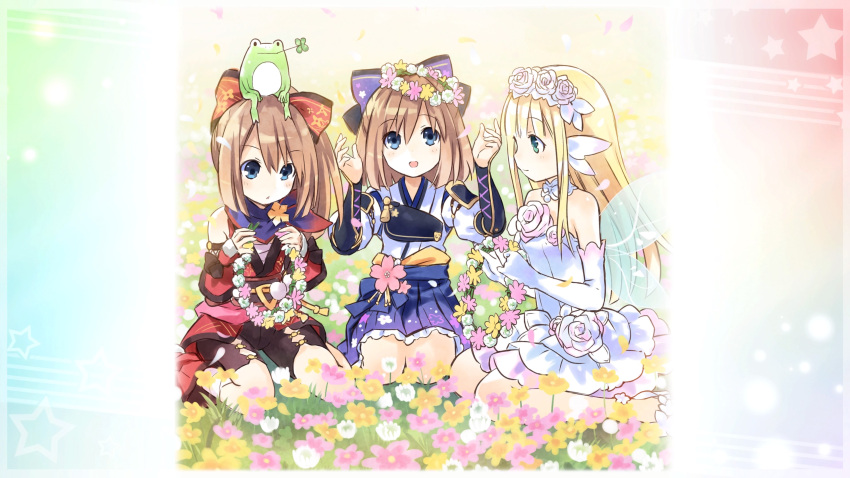 3girls :d :o absurdres armor armored_dress arms_up blonde_hair blue_clothes blue_eyes bouquet_(choujigen_game_neptune) bow brown_hair clover detached_sleeves dress fairy_wings flower four-leaf_clover four_goddesses_online:_cyber_dimension_neptune frilled_dress frills frog hair_bow hair_flower hair_ornament head_wreath highres holding japanese_clothes light_brown_hair long_hair looking_at_another multiple_girls neckerchief necktie neptune_(series) ninja open_mouth ponytail ram_(choujigen_game_neptune) red_clothes rom_(choujigen_game_neptune) rose samurai short_hair shoulder_armor siblings sitting smile tsunako twins white_dress wings