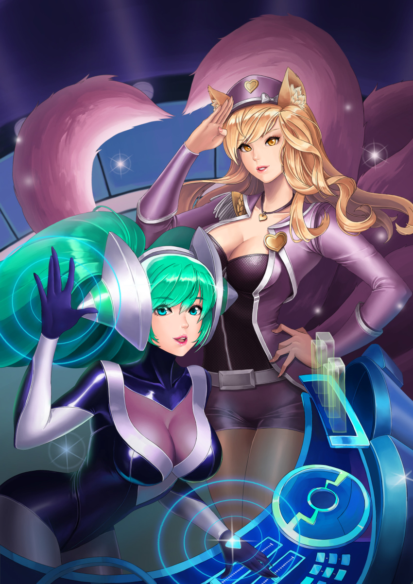 2girls absurdres ahri alternate_costume alternate_hair_color animal_ears bangs blonde_hair blue_eyes bodysuit breasts cleavage collarbone cowboy_shot dj dj_sona fox_ears fox_tail green_hair hand_on_hip hat headphones heart heart_necklace highres jacket karmiel large_breasts league_of_legends leaning_forward long_hair long_sleeves looking_at_viewer multiple_girls open_clothes open_jacket parted_lips peaked_cap popstar_ahri salute short_shorts shorts skin_tight smile sona_buvelle tail twintails very_long_hair visor whisker_markings yellow_eyes