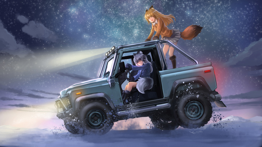 2girls :d animal_ears black_boots black_gloves blazer blonde_hair boots bow brown_eyes closed_mouth driving ezo_red_fox_(kemono_friends) fox_ears fox_tail from_side fur_trim gloves ground_vehicle highres jacket jeep kemono_friends koenigsegg long_hair long_sleeves motor_vehicle multiple_girls night night_sky open_mouth outdoors pleated_skirt silver_fox_(kemono_friends) silver_hair sitting skirt sky smile snow standing star_(sky) starry_sky tail vehicle white_bow white_skirt