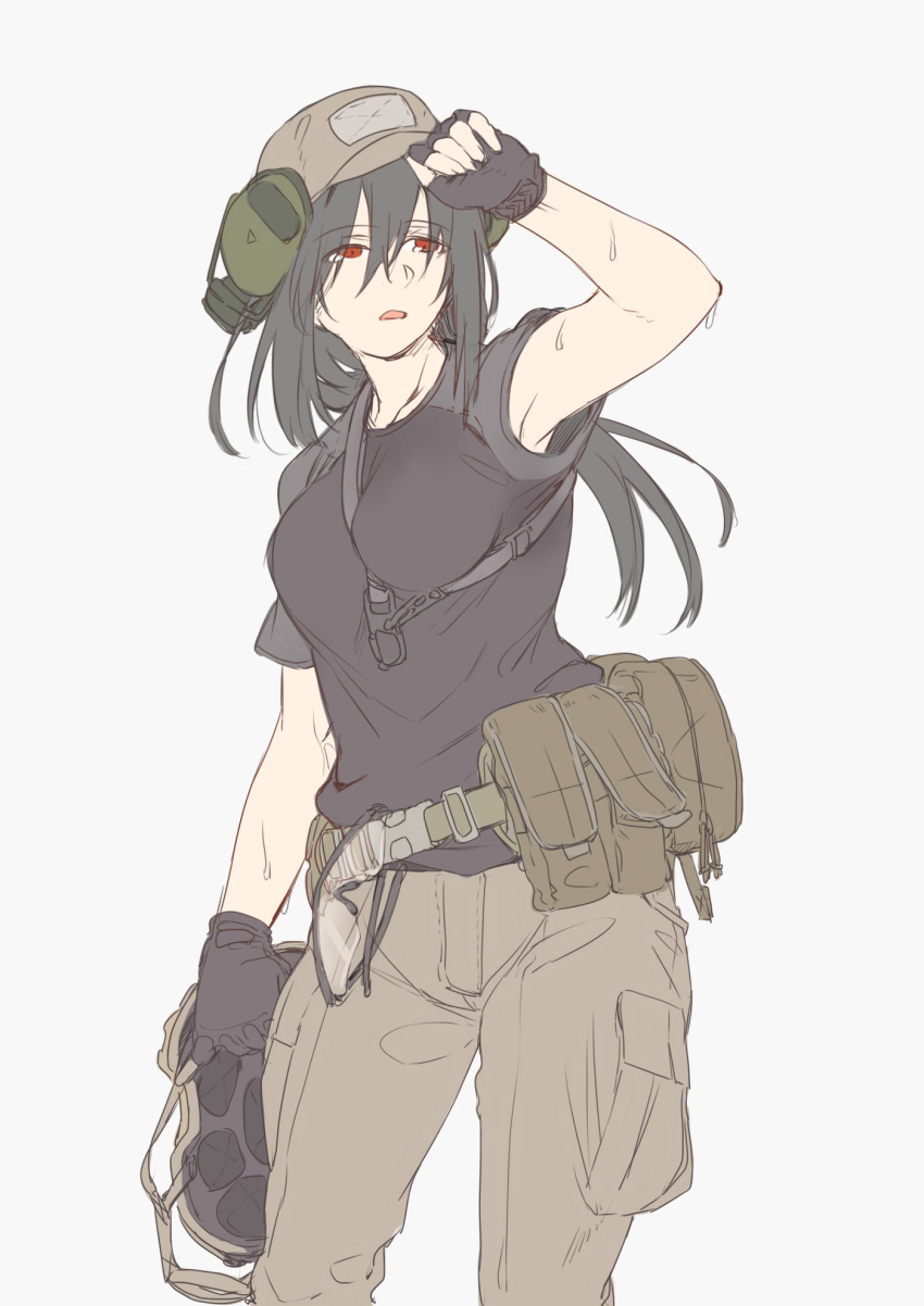 ayyh belt between_breasts cargo_pants collarbone fingerless_gloves flat_color gloves hat headset highres long_hair original pants parted_lips red_ees red_eyes sweat t-short utility_belt