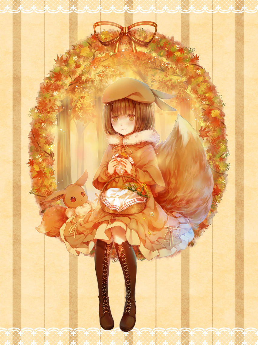 1girl absurdres autumn_leaves basket black_boots boots bow brown_eyes brown_hair brown_hat brown_skirt cross-laced_footwear eevee food fur_trim hat highres holding holding_food looking_at_viewer mio_(mio84214) personification pokemon pokemon_(creature) sitting skirt smile striped striped_background tail tree