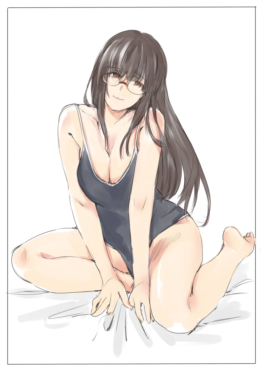 1girl ayyh bare_shoulders barefoot between_legs black_hair breasts brown_eyes cleavage collarbone glasses hand_between_legs highres long_hair looking_at_viewer looking_to_the_side medium_breasts original school_swimsuit sitting smile solo swimsuit