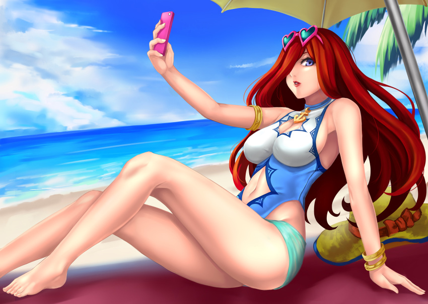 1girl arm_support armlet armpits bare_legs bare_shoulders barefoot beach beach_umbrella blue_eyes blue_sky bracelet breasts cellphone cleavage cleavage_cutout clouds day from_side glasses_on_head hair_over_one_eye hat highres horizon jewelry large_breasts league_of_legends long_hair looking_at_viewer looking_to_the_side midriff navel navel_cutout one-piece_swimsuit parted_lips phone pool_party_miss_fortune redhead sarah_fortune sitting sky smartphone solo stomach sun_hat swimsuit thighs umbrella yashichii