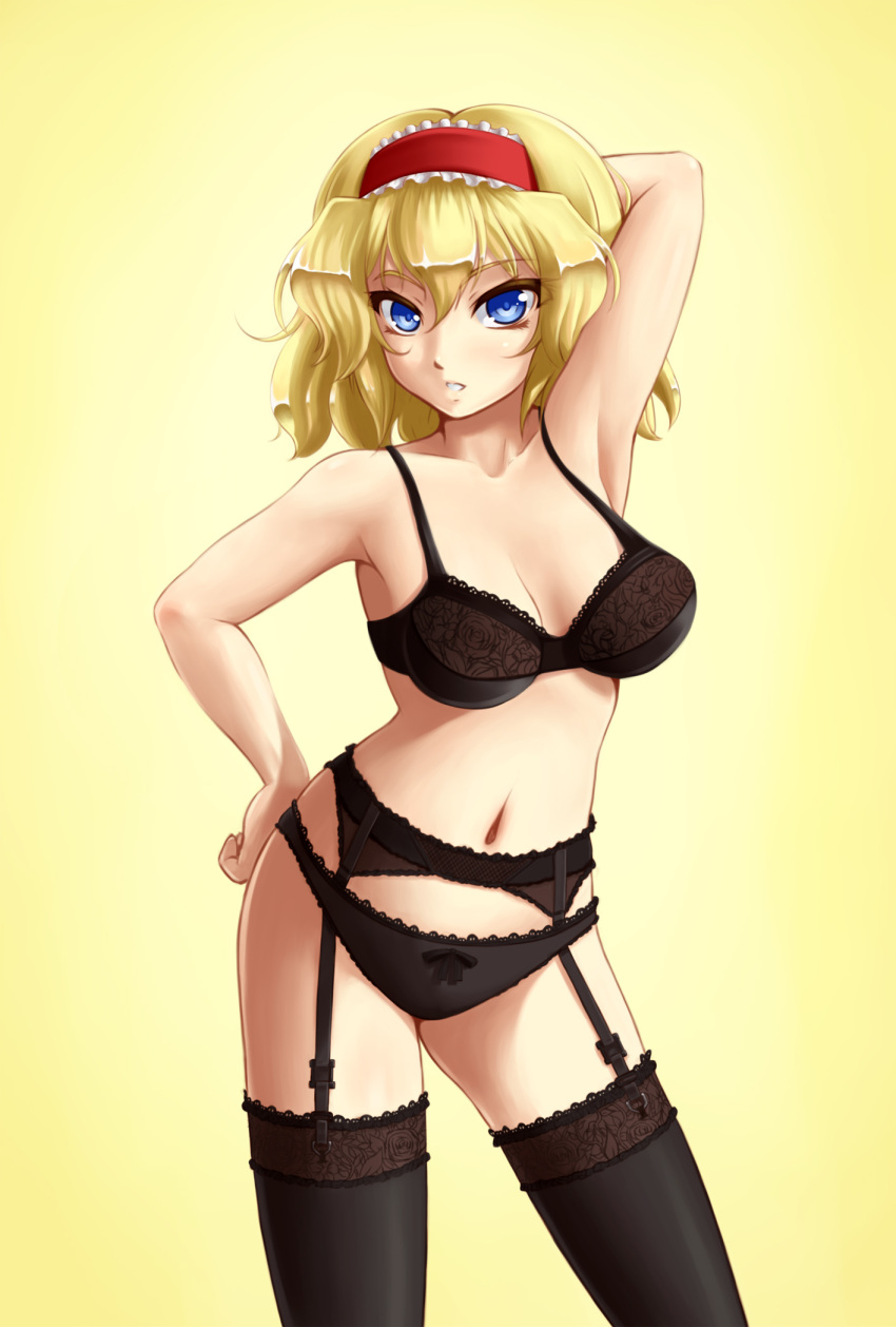 1girl alice_margatroid arm_up armpits arms_behind_head black_legwear black_panties blonde_hair blue_eyes bra breasts contrapposto garter_belt garter_straps hairband hand_on_hip highres lace lace-trimmed_bra lace-trimmed_panties lace-trimmed_thighhighs lingerie lolita_hairband mazume navel panties short_hair simple_background small_breasts solo thigh-highs touhou underwear underwear_only yellow_background
