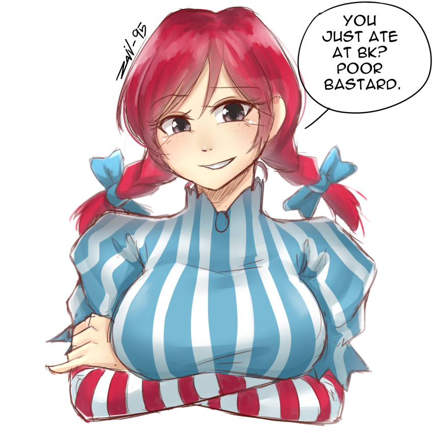 1girl absurdres black_eyes braid breast_hold breasts crossed_arms dress english freckles highres looking_at_viewer medium_breasts nas_(z666ful) redhead short_over_long_sleeves sketch smug solo speech_bubble striped striped_sleeves twin_braids upper_body vertical-striped_dress vertical_stripes wendy's wendy_(wendy's)