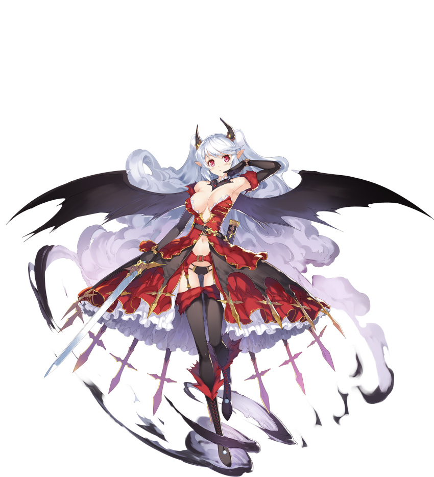 1girl armpits bangs bare_shoulders belt black_gloves black_legwear boots breasts character_request cleavage demon_girl demon_horns demon_wings detached_collar dress elbow_gloves eyebrows_visible_through_hair frills full_body fur_trim gloves highres holding holding_weapon horns knee_boots long_hair looking_away medium_breasts navel official_art pointy_ears sennen_sensou_aigis sheath solo sword thigh-highs transparent_background violet_eyes weapon white_hair wings