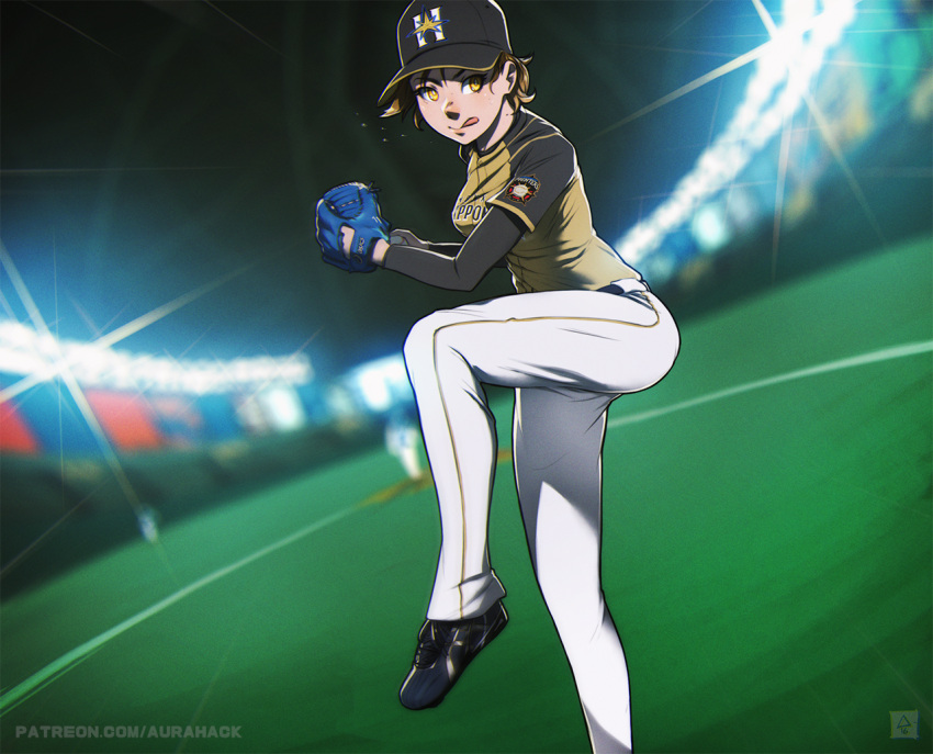 1girl :&gt; :p baseball baseball_cap baseball_glove baseball_stadium baseball_uniform belt black_shoes blurry breasts brown_hair depth_of_field emphasis_lines erica_june_lahaie hat hokkaido_nippon-ham_fighters holding indoors leg_up long_sleeves medium_breasts nippon_professional_baseball original pants pitcher shoes short_hair short_sleeves solo_focus sparkle sportswear standing sweat tongue tongue_out watermark white_pants yellow_eyes