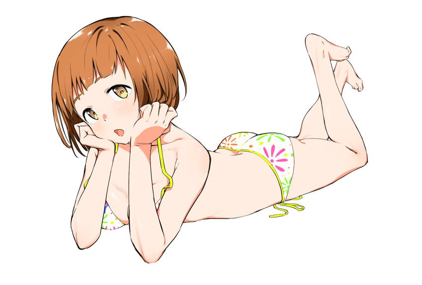 1girl all_fours ass bare_legs barefoot bikini breasts brown_eyes brown_hair chin_rest commentary_request feet full_body head_tilt highres idolmaster idolmaster_cinderella_girls kitami_yuzu looking_at_viewer lying medium_breasts on_stomach open_mouth print_bikini short_hair side-tie_bikini solo swimsuit telephoto the_pose toe_scrunch toes transparent_background