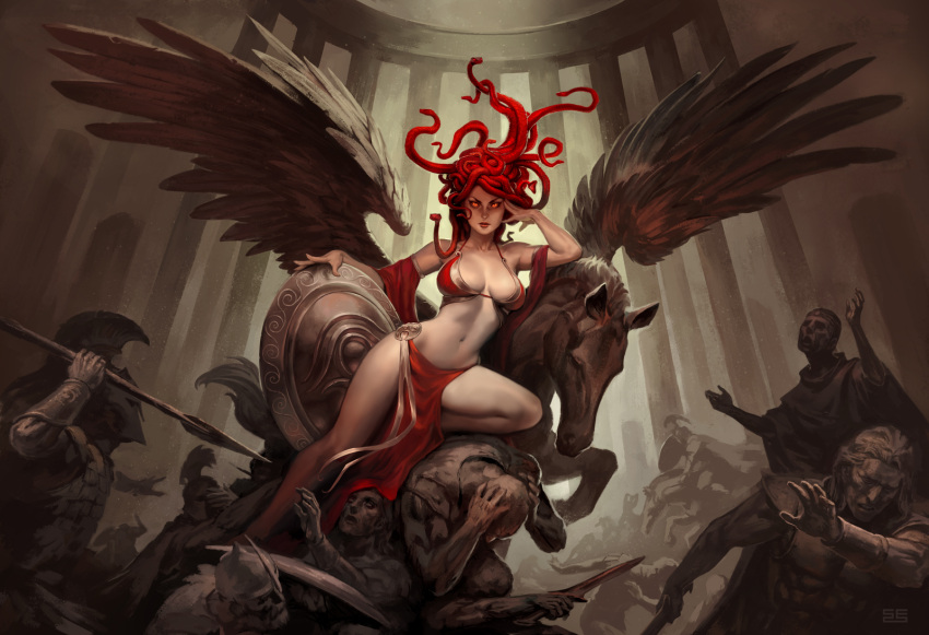 1girl 6+boys bikini breasts cleavage detached_sleeves gorgon greek_mythology helmet highres large_breasts looking_at_viewer multiple_boys navel original pegasus pelvic_curtain petrification polearm red_eyes redhead shield simon_eckert sitting sitting_on_person snake_hair solo_focus spear statue swimsuit weapon wings