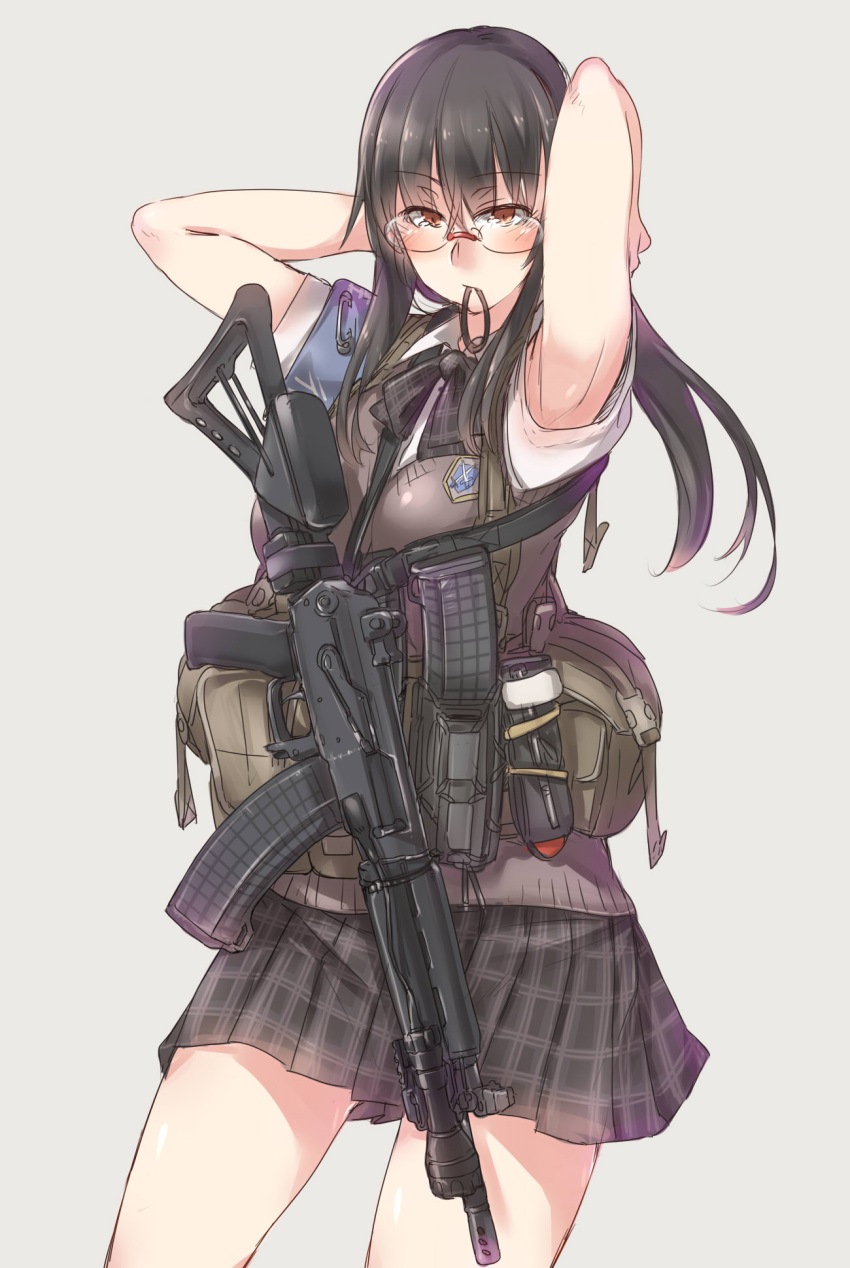 adjusting_hair armband armpits arms_behind_head ayyh belt black_hair contrapposto gluteal_fold gun highres magazine_(weapon) mouth_hold original pleated_skirt red_eyes rifle school_uniform simple_background skirt utility_belt vest weapon