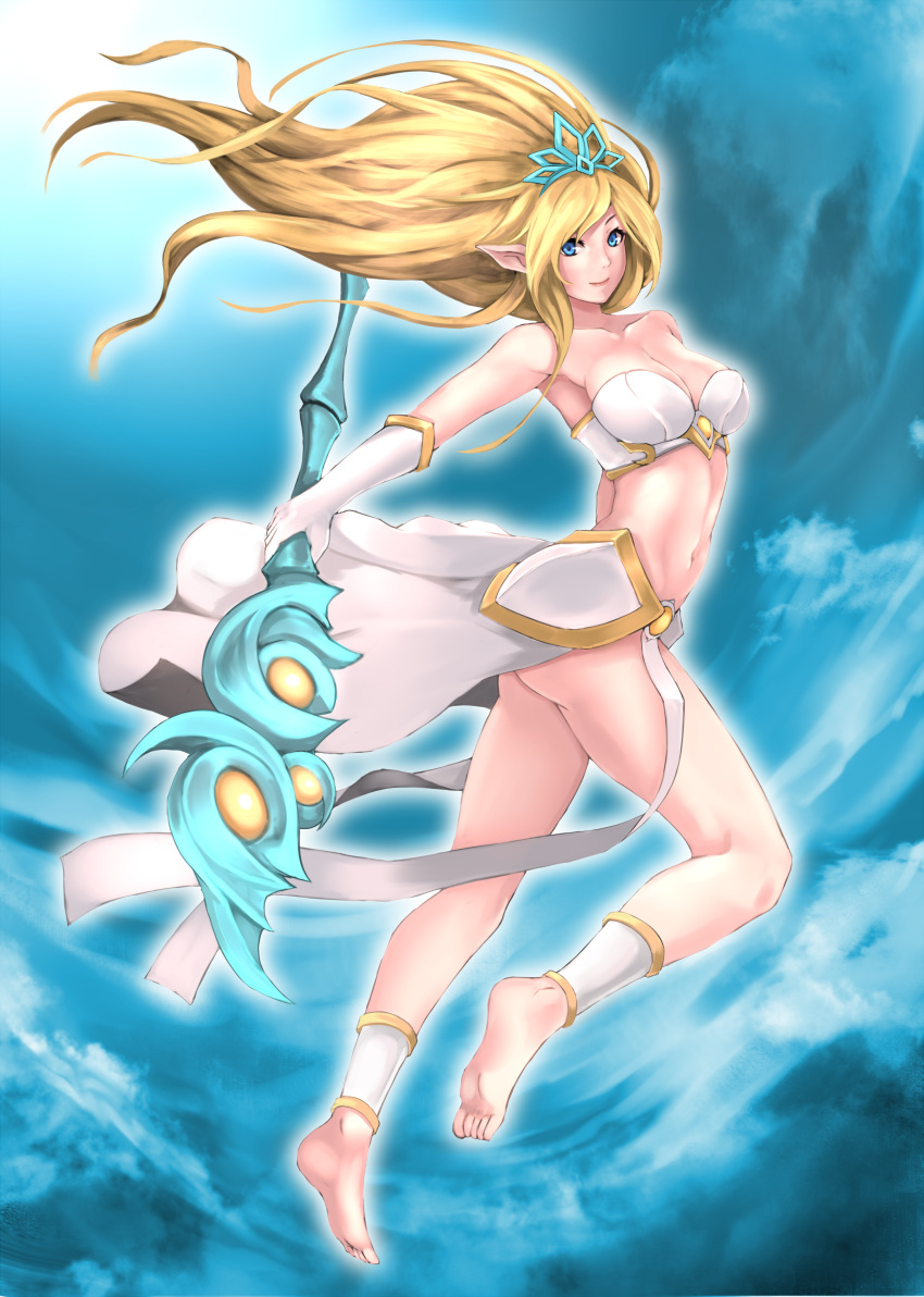 1girl absurdres arched_back armpits ass bandeau bare_shoulders barefoot blonde_hair blue_eyes breasts cleavage closed_mouth collarbone elf feet floating_hair from_side full_body gloves highres holding holding_staff janna_windforce large_breasts league_of_legends long_hair looking_at_viewer looking_to_the_side navel no_panties pointy_ears smile solo staff stomach tiara waist_cape white_gloves yashichii