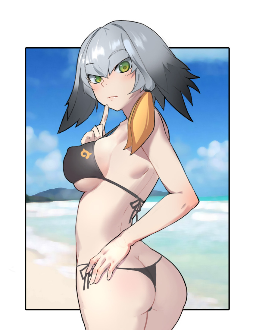 1girl ass back bangs beach bikini black_bikini black_hair blue_sky blush breasts cowboy_shot day dimples_of_venus erect_nipples expressionless eyebrows_visible_through_hair finger_to_mouth from_behind gradient_hair green_eyes hand_on_hip hand_up highres japari_symbol kemono_friends long_hair looking_at_viewer looking_back low_ponytail medium_breasts multicolored_hair ocean orange_hair shoebill_(kemono_friends) side-tie_bikini side_ponytail sideboob silver_hair skindentation sky solo standing swimsuit under_boob water zhangyushao