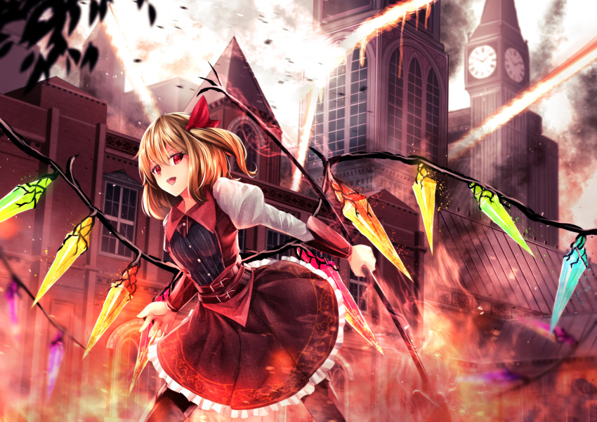 1girl :d alternate_costume bangs belt black_legwear blonde_hair burning clock clock_tower commentary_request cowboy_shot crystal dress fire flandre_scarlet frilled_dress frills from_side hair_ribbon highres juliet_sleeves laevatein long_sleeves looking_at_viewer looking_to_the_side no_hat no_headwear open_mouth puffy_sleeves red_dress red_eyes red_ribbon ribbon scarlet_devil_mansion sinkai smile solo touhou tower vambraces wings
