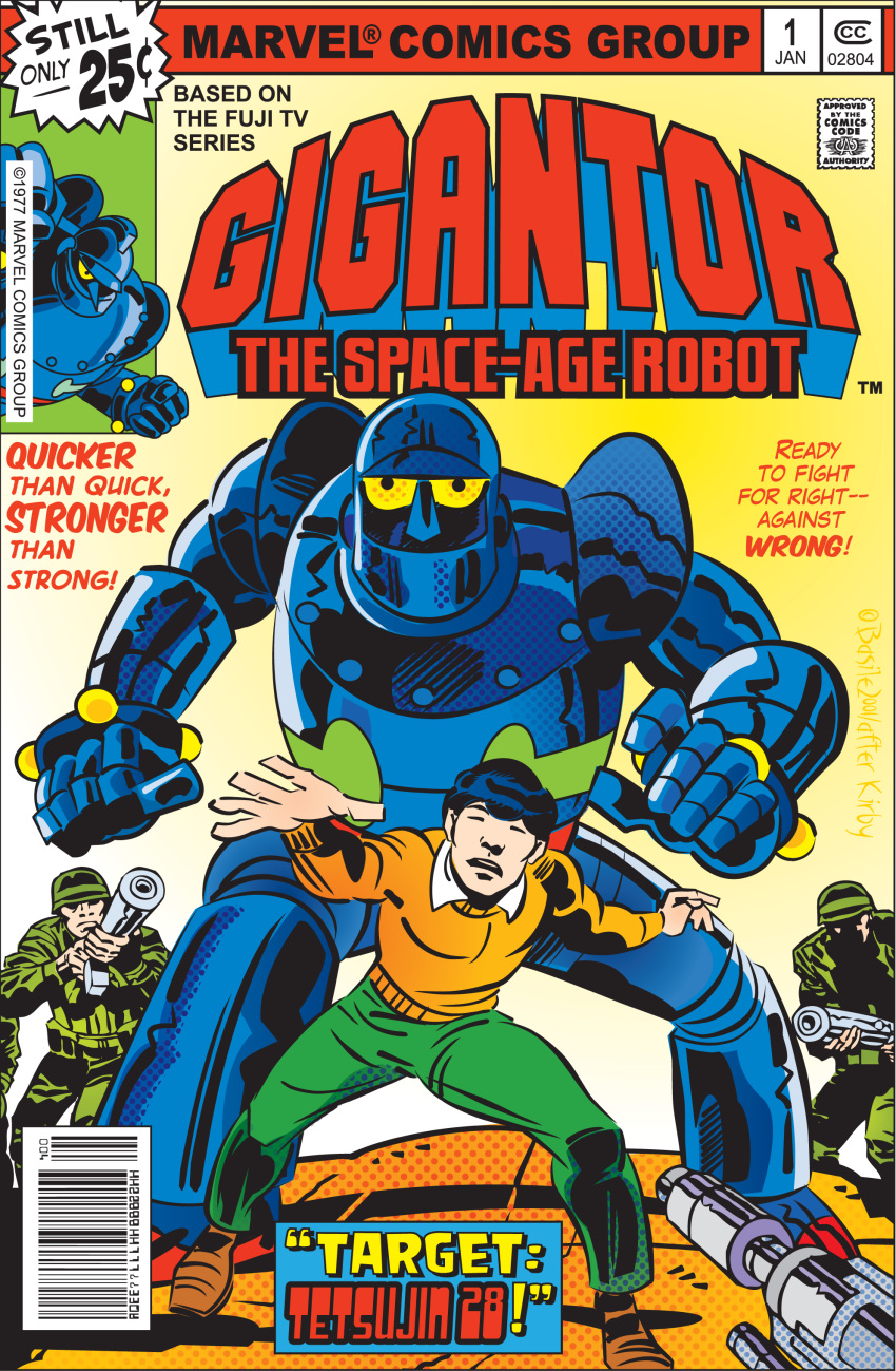 1977 70s absurdres age_difference aiming asian assault_rifle basile comic cover dated energy_gun epic gun helmet highres jack_kirby_(style) kaneda_shoutarou_(tetsujin_28-gou) marvel mecha military military_uniform multiple_boys oldschool rifle robot scan science_fiction soldier submachine_gun suppressor tetsujin_28 tetsujin_28-gou traditional_media uniform weapon