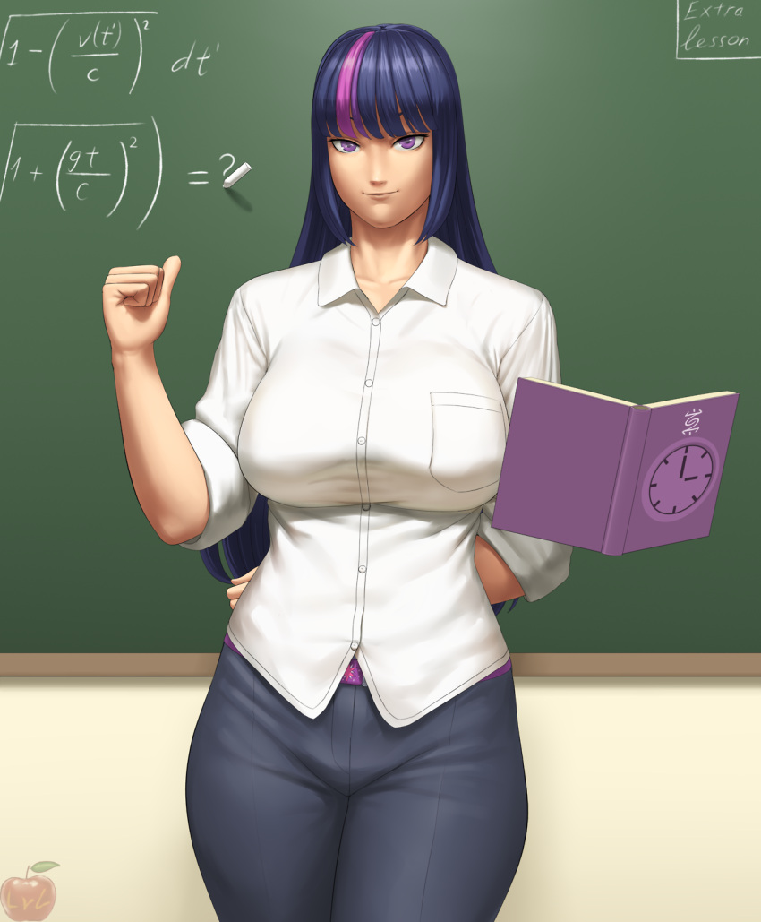 1girl blue_hair book breasts chalk chalkboard highres large_breasts light_smile long_hair lvl_(sentrythe2310) math my_little_pony personification purple_hair solo twilight_sparkle violet_eyes