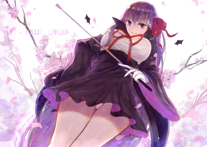 1girl bangs bb_(fate/extra_ccc) black_dress breasts cherry_blossoms dress fate/extra fate/extra_ccc fate_(series) from_below gevjon gloves hair_ribbon highres large_breasts long_hair long_sleeves looking_at_viewer looking_down neck_ribbon purple_hair red_ribbon ribbon riding_crop smile solo very_long_hair violet_eyes white_gloves wide_sleeves