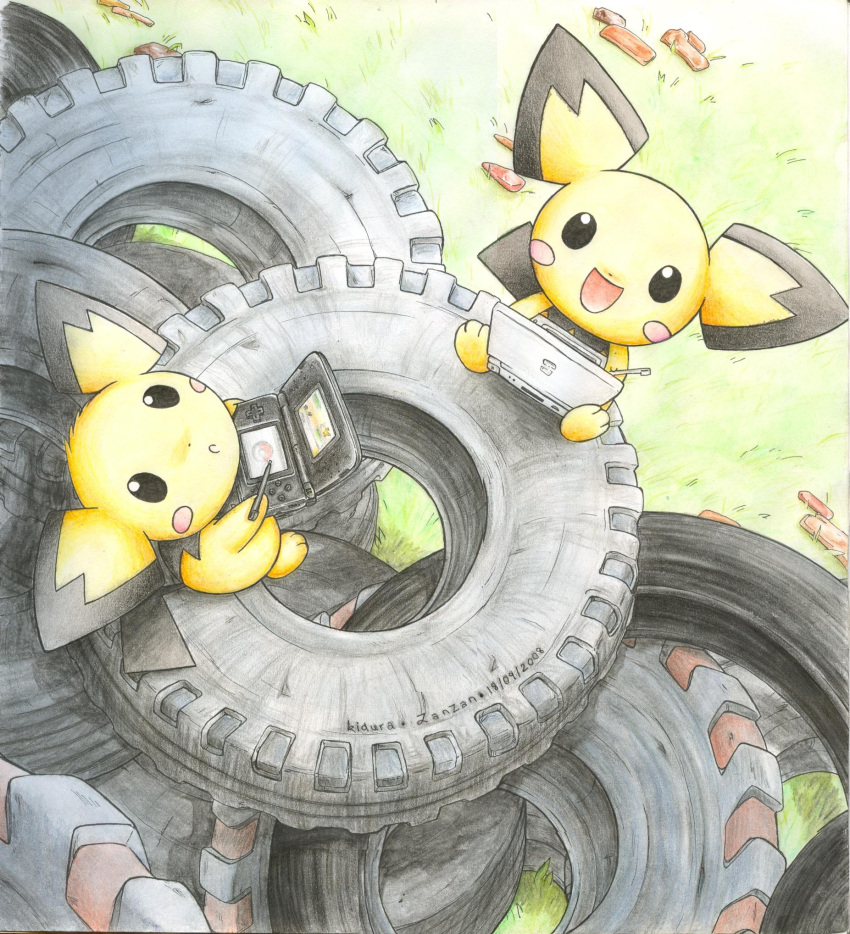 day hairy_pichu handheld_game_console highres kidura looking_up meta nintendo_ds no_humans outdoors pichu playing_games pokemon pokemon_(creature) pokemon_(game) pokemon_gsc product_placement tire traditional_media