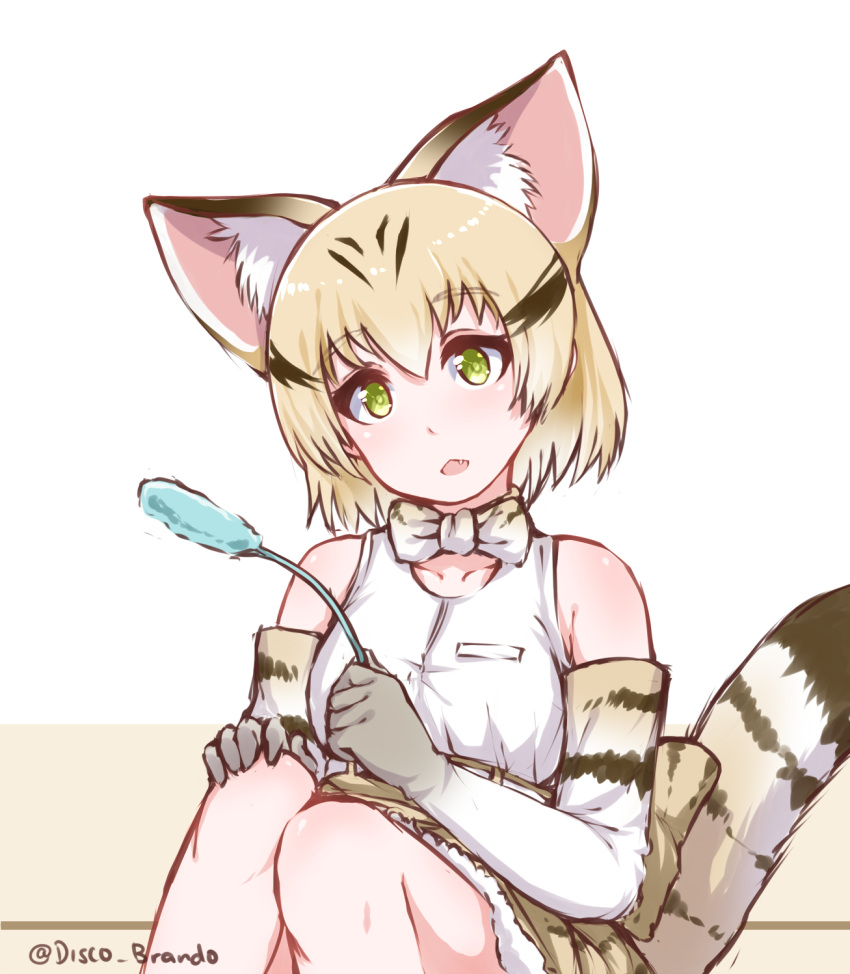 1girl animal_ears bare_shoulders blonde_hair blush bow bowtie cat_ears cat_tail disco_brando elbow_gloves eyebrows_visible_through_hair gloves highres kemono_friends multicolored_hair open_mouth sand_cat_(kemono_friends) shirt short_hair sitting sleeveless sleeveless_shirt streaked_hair striped_tail tail triangle_mouth white_shirt yellow_eyes