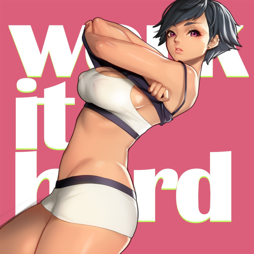 1girl bangs black_hair breasts cleavage dark_skin earrings eyebrows_visible_through_hair highres jewelry large_breasts lips looking_at_viewer masami_chie original purple_background short_hair shorts simple_background solo tank_top undressing violet_eyes