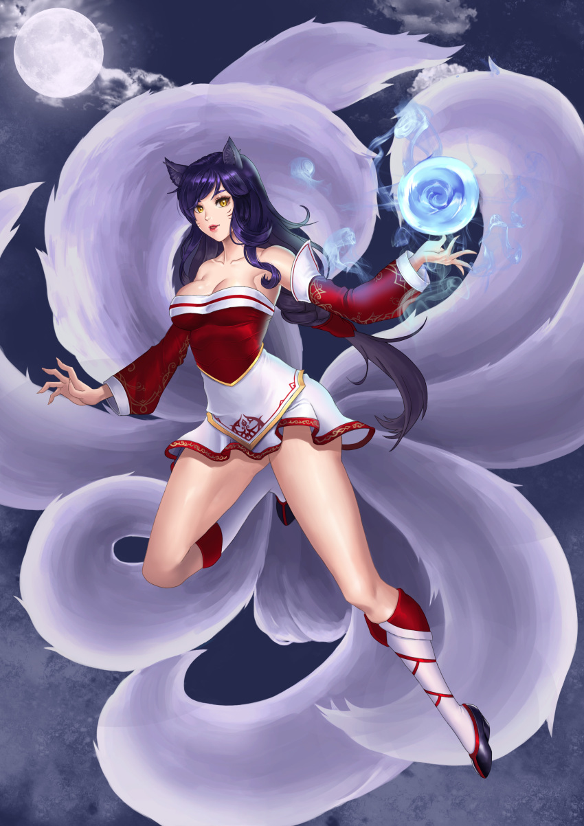 1girl absurdres ahri animal_ears bare_shoulders black_hair braid breasts cleavage detached_sleeves dress energy_ball fox_ears fox_tail full_body highres karmiel korean_clothes league_of_legends long_hair long_sleeves looking_at_viewer medium_breasts multiple_tails parted_lips short_dress single_braid slit_pupils smile solo strapless strapless_dress tail tube_dress very_long_hair whisker_markings yellow_eyes
