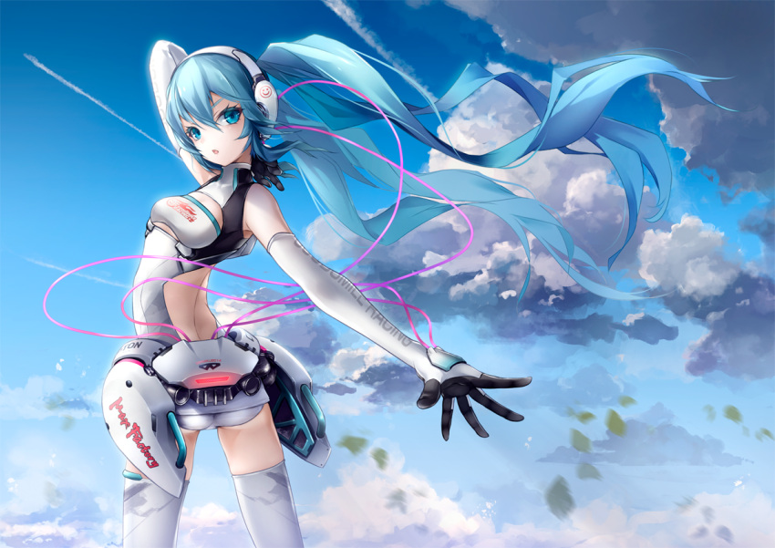 1girl ajigo aqua_eyes aqua_hair bare_shoulders breasts clouds elbow_gloves eyelashes gloves hatsune_miku headphones leaves_in_wind long_hair looking_back open_back short_shorts shorts sky solo standing text thigh-highs twintails very_long_hair vocaloid wire