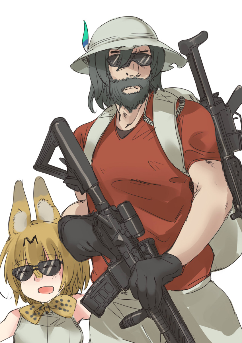 1boy 1girl :d animal_ears ayyh backpack bag bare_shoulders beard bow bowtie facial_hair genderswap genderswap_(ftm) glasses gun highres kaban_(kemono_friends) kemono_friends looking_to_the_side open_mouth rifle serious serval_(kemono_friends) serval_ears serval_print simple_background smile trigger_discipline weapon what