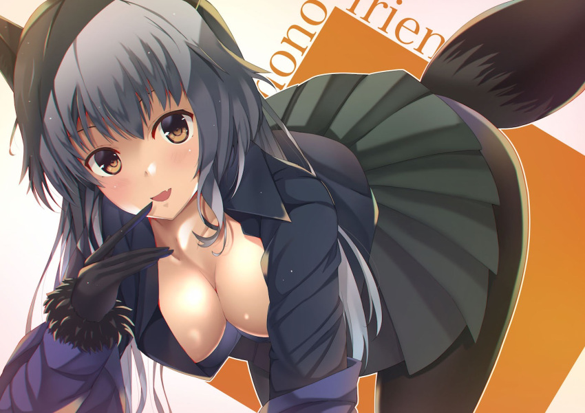 1girl all_fours animal_ears black_gloves black_legwear black_shirt black_skirt blazer blush breasts brown_eyes cleavage collarbone collared_shirt finger_to_mouth fox_ears fox_tail fur_trim gloves hakozaki_shiro hanging_breasts head_tilt jacket kemono_friends large_breasts long_hair long_sleeves looking_at_viewer off_shoulder pantyhose pleated_skirt shirt silver_fox_(kemono_friends) silver_hair skirt solo tail wing_collar