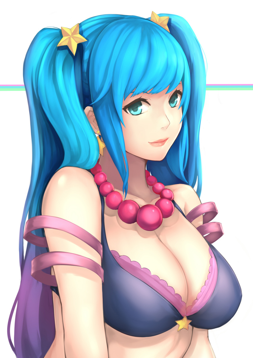 1girl absurdres arcade_sona bangs bare_shoulders bead_necklace beads black_bikini_top blue_eyes blue_hair bra breasts cleavage closed_mouth collarbone earrings gradient_hair hair_ornament highres jewelry large_breasts league_of_legends long_hair looking_at_viewer multicolored_hair necklace purple_bra purple_hair smile solo sona_buvelle star star_earrings star_hair_ornament swept_bangs twintails underwear upper_body very_long_hair yashichii