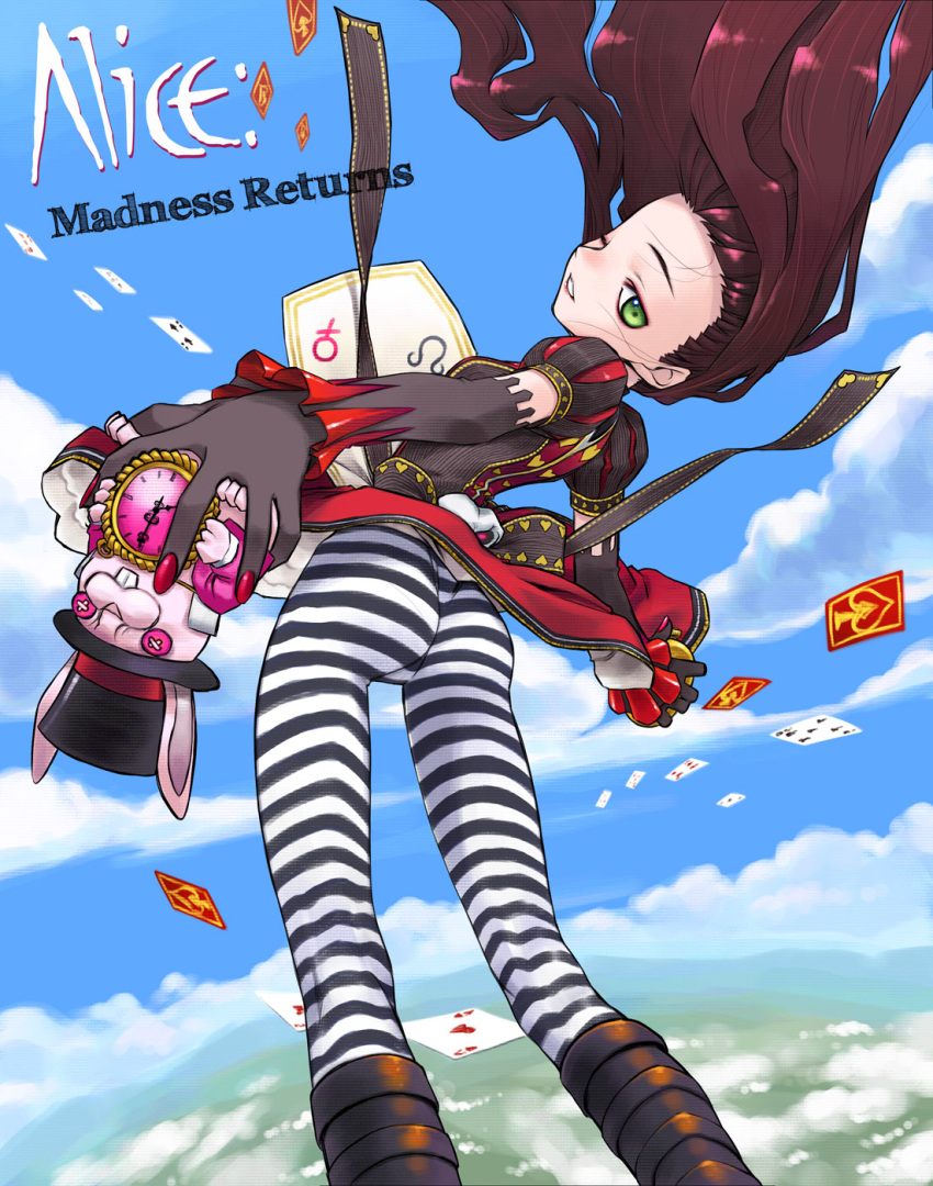 1girl alice:_madness_returns alice_(wonderland) alternate_costume ass boots brown_hair card clouds day falling_card foreshortening gloves green_eyes hands highres nakamura_tetsuya one_eye_closed pantyhose playing_card sky solo striped striped_legwear