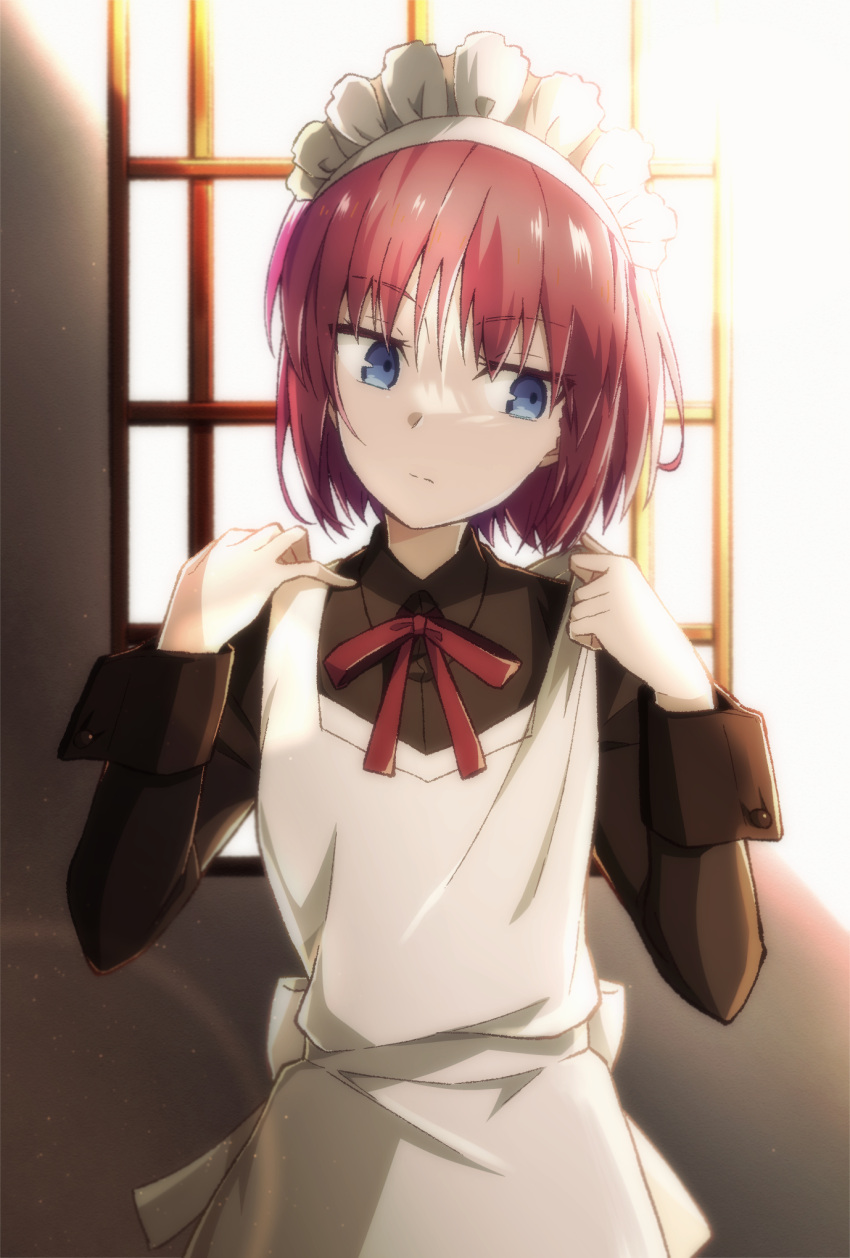1girl apron azami_masurao bangs blue_eyes brown_dress closed_mouth commentary_request dress highres hisui_(tsukihime) indoors long_sleeves looking_away maid maid_apron maid_headdress neck_ribbon red_ribbon redhead ribbon short_hair solo sunlight tsukihime white_apron window