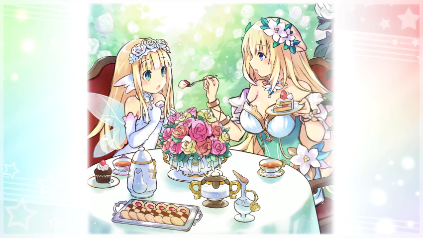 2girls absurdres blonde_hair blue_eyes blush bouquet bouquet_(choujigen_game_neptune) bracelet breasts cake candle cookie cup cupcake detached_sleeves dress eyebrows_visible_through_hair fairy_wings feeding flower food four_goddesses_online:_cyber_dimension_neptune gloves green_dress hair_flower hair_ornament hand_on_own_chest highres holding holding_plate jewelry large_breasts long_hair multiple_girls necklace necktie neptune_(series) plate sitting sleeve_cuffs smile table teacup teapot tsunako vert white_dress white_gloves wings