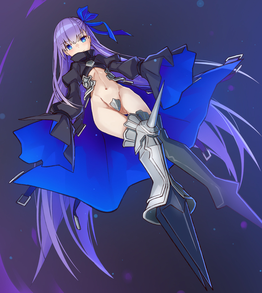 1girl armor armored_boots bangs black_coat blue_eyes blue_ribbon blush boots closed_mouth crotch_plate eyebrows_visible_through_hair fate/extra fate/extra_ccc fate_(series) flat_chest full_body hair_ribbon highres juliet_sleeves light_smile long_coat long_hair long_sleeves looking_at_viewer meltlilith navel puffy_sleeves purple_hair revealing_clothes ribbon smile solo takanashie thighs very_long_hair