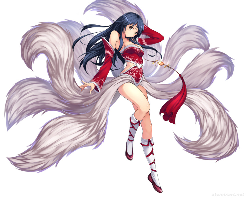 1girl ahri atomix black_hair blush breasts detached_sleeves fox fox_tail korean_clothes league_of_legends legs long_hair looking_at_viewer medium_breasts multiple_tails simple_background smile solo tail thighs yellow_eyes