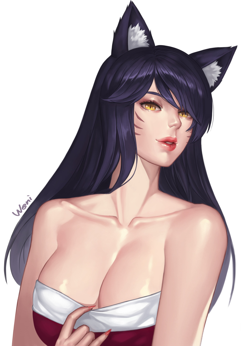 1girl absurdres ahri animal_ears bangs bare_arms bare_shoulders black_hair breasts cleavage clothes_pull collarbone dress fingernails fox_ears highres karmiel korean_clothes large_breasts league_of_legends long_fingernails long_hair looking_at_viewer nail_polish parted_lips pulled_by_self red_nails sharp_fingernails slit_pupils smile solo strapless strapless_dress swept_bangs tube_dress upper_body whisker_markings yellow_eyes