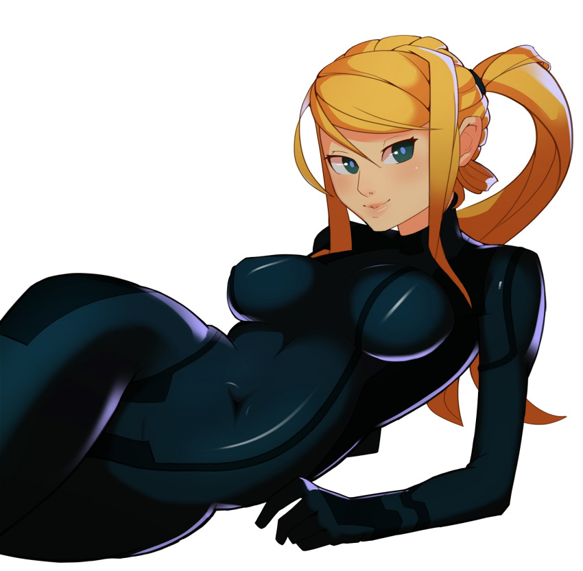 1girl alternate_color blonde_hair bodysuit breasts green_eyes highres lips long_hair lying medium_breasts metroid nose player_2 ponytail samus_aran skin_tight smile solo splashbrush super_smash_bros. zero_suit