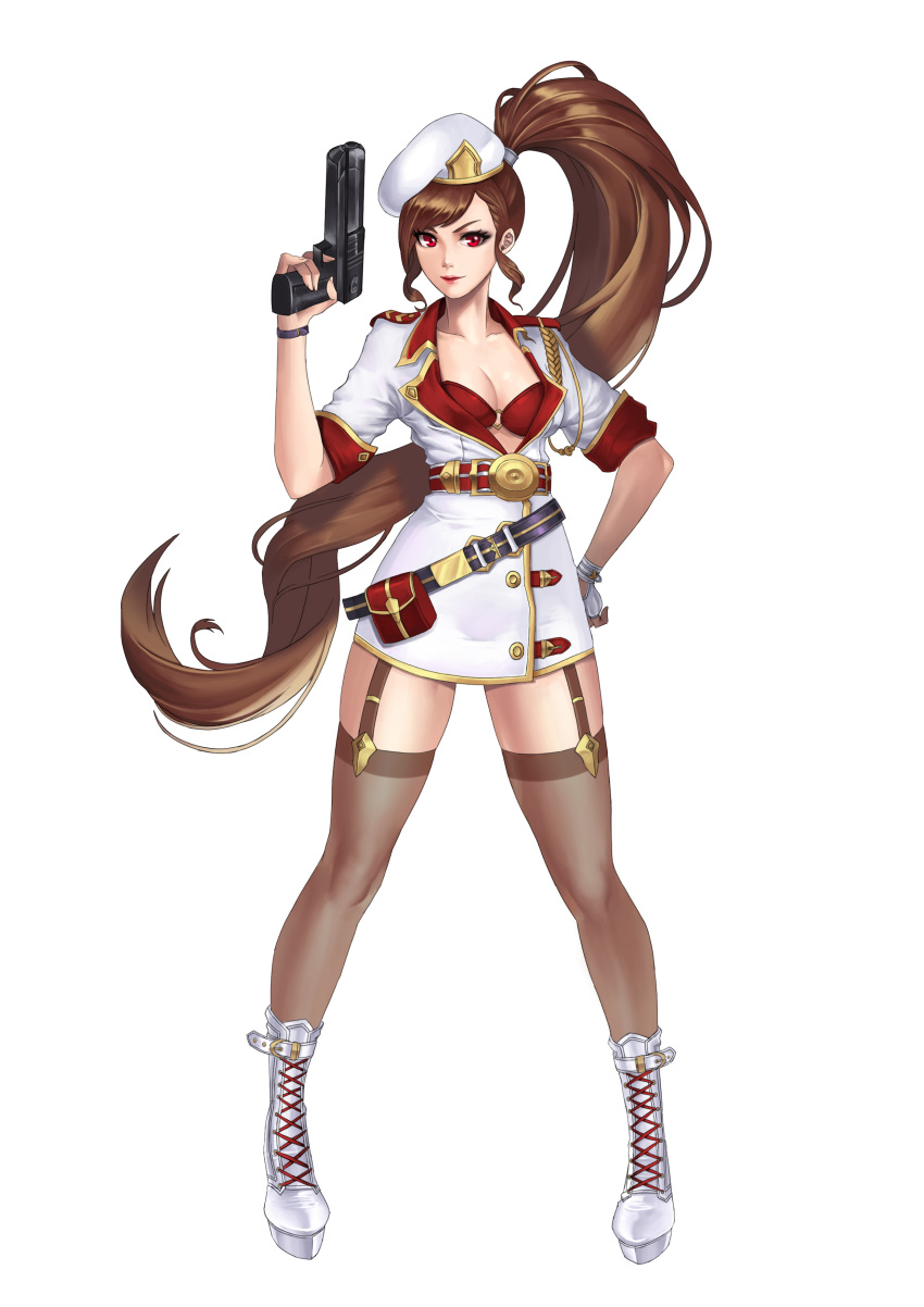 &gt;:) 1girl absurdres aiguillette belt_pouch beret boots breasts brown_hair cleavage closed_mouth coat collarbone cross-laced_footwear fingerless_gloves full_body garter_straps gloves gun handgun hat high_ponytail highres holding holding_gun holding_weapon karmiel lace-up_boots long_hair looking_at_viewer medium_breasts military military_uniform original red_bikini_top red_eyes sheer_legwear simple_background single_glove smile solo standing thigh-highs uniform very_long_hair weapon white_background white_boots white_gloves