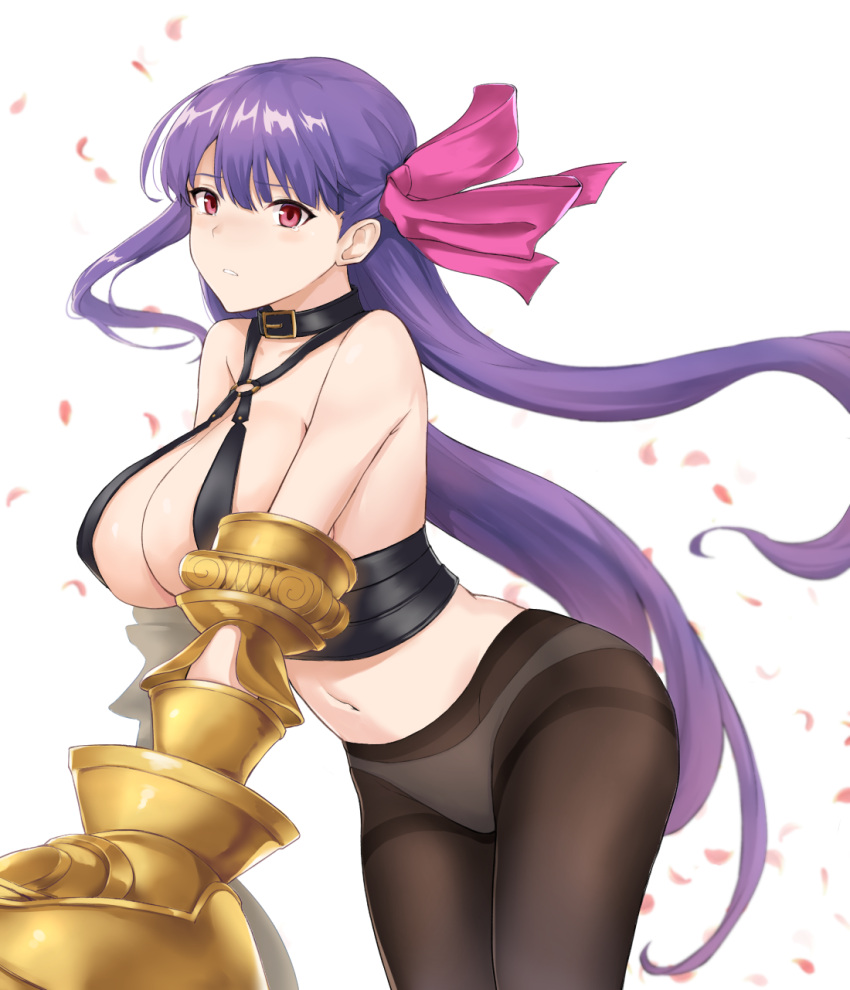 1girl bare_shoulders breasts claws cleavage fate/extra fate/extra_ccc fate/grand_order fate_(series) highres huge_breasts long_hair looking_at_viewer navel panties panties_under_pantyhose pantyhose passion_lip pink_eyes purple_hair solo tears terry_(pixiv3274443) underwear very_long_hair white_panties