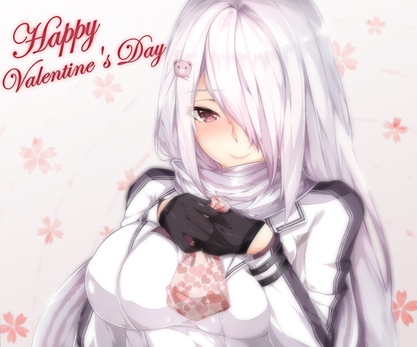 1girl bangs bear_hair_ornament black_gloves blush breast_press breasts closed_mouth eyebrows_visible_through_hair eyes_visible_through_hair gift girls_frontline gloves hair_between_eyes hair_ornament hair_over_one_eye hairclip happy_valentine heart heart_print holding holding_gift jacket large_breasts long_hair looking_at_viewer pk_(girls_frontline) red_eyes scarf sidelocks silver_hair smile solo valentine very_long_hair white_scarf zuo_wei_er