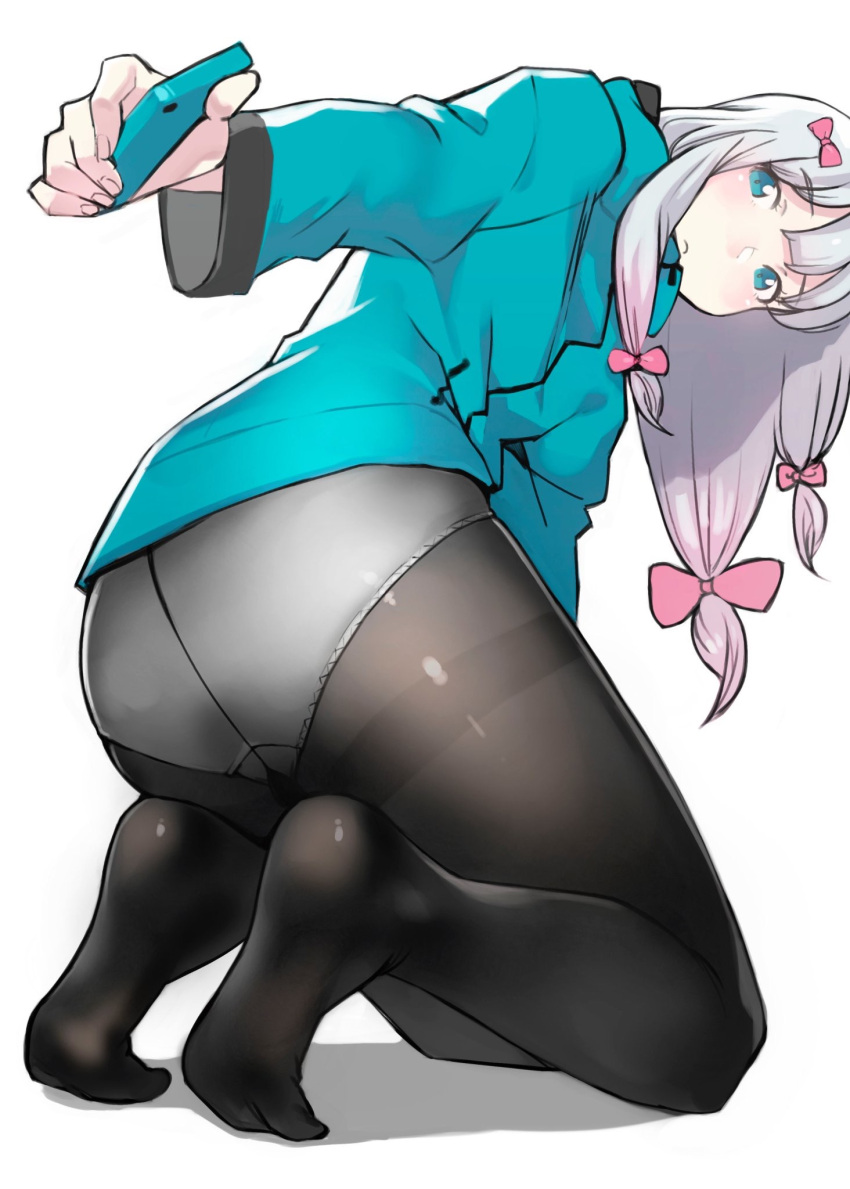 1girl ass blue_eyes blush bow cellphone closed_mouth eromanga_sensei eyebrows_visible_through_hair feet from_behind frown gusset hair_bow highres holding holding_cellphone holding_phone izumi_sagiri kneeling long_hair long_sleeves looking_at_viewer looking_back no_pants no_shoes panties panties_under_pantyhose pantyhose phone pink_bow ribbon seamed_legwear silver_hair soles solo underwear white_background yomu_(sgt_epper)