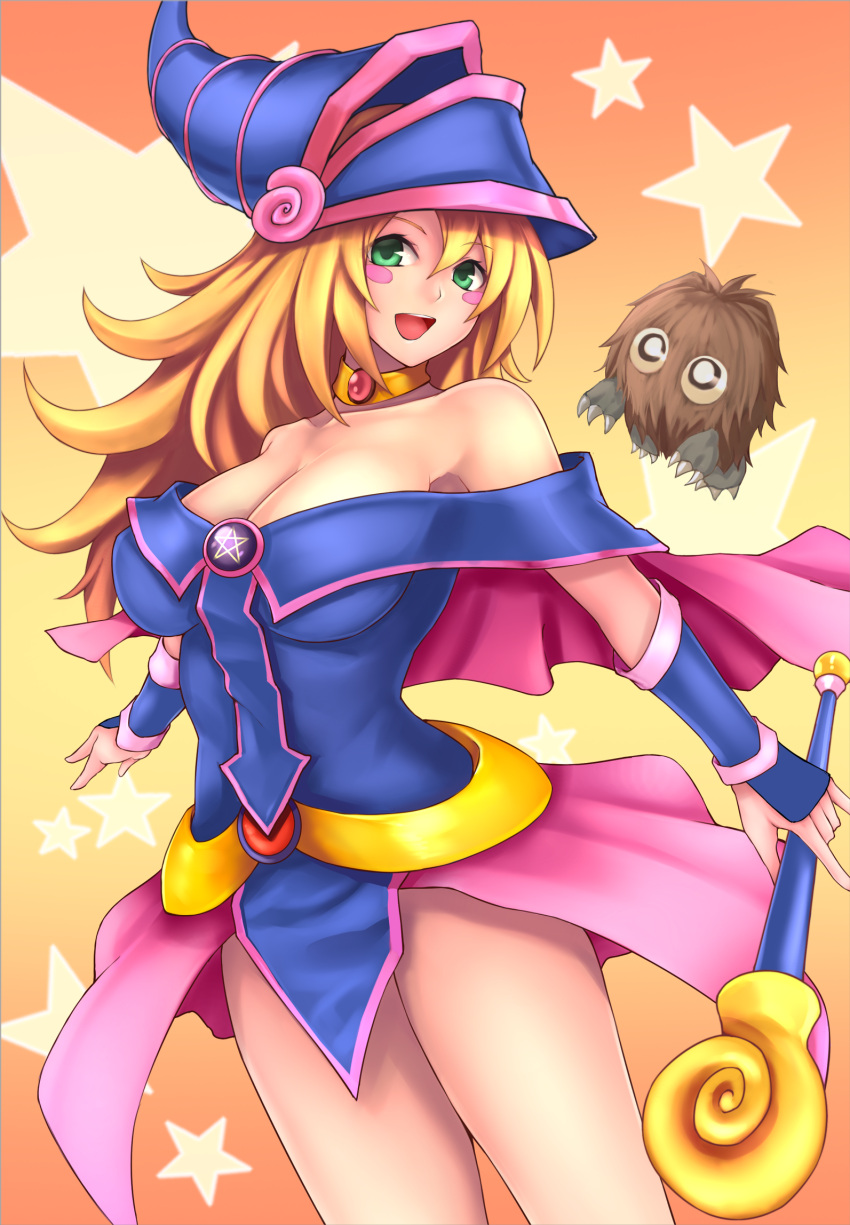 1girl :d armpits bare_shoulders blonde_hair blush_stickers breasts capelet choker cleavage collarbone cowboy_shot dark_magician_girl duel_monster green_eyes hat highres holding holding_staff kuriboh large_breasts long_hair looking_at_viewer open_mouth pentacle smile staff star starry_background vambraces wizard_hat yashichii yu-gi-oh!