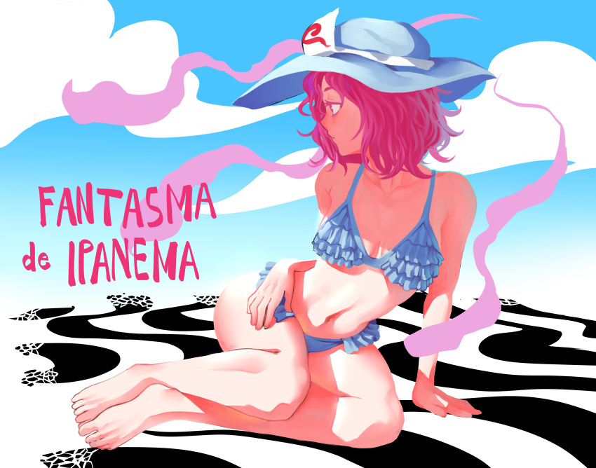 1girl absurdres barefoot bikini blue_bikini brazil brazilian frilled_bikini frills full_body hamatsu hat highres hitodama midriff navel pink_eyes pink_hair portuguese saigyouji_yuyuko short_hair sitting solo sun_hat swimsuit text touhou triangular_headpiece