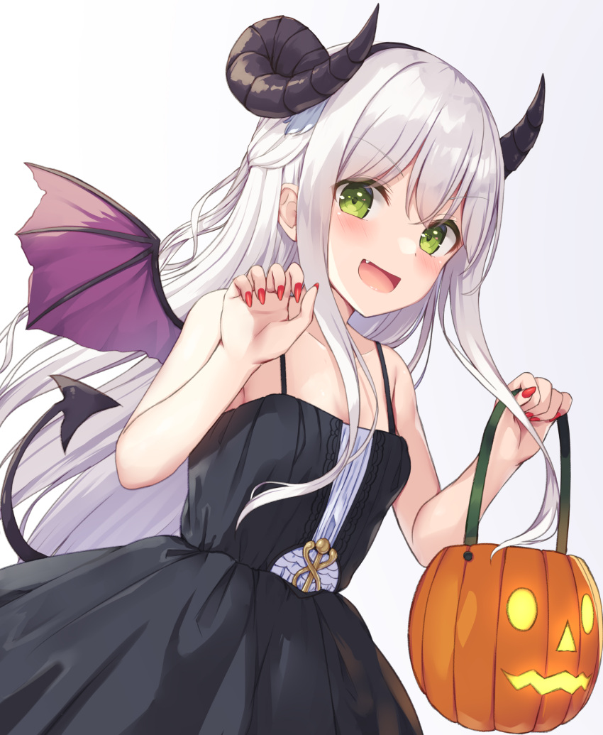 1girl :d absurdres bangs basket black_dress blush collarbone demon_tail demon_wings dress eyebrows_visible_through_hair fang floating_hair green_eyes halloween halloween_bucket halloween_costume highres holding holding_basket horns long_hair looking_at_viewer nail_polish original purple_wings red_nails shiny shiny_hair silver_hair sleeveless sleeveless_dress smile solo tail tsuchikure very_long_hair white_background wings