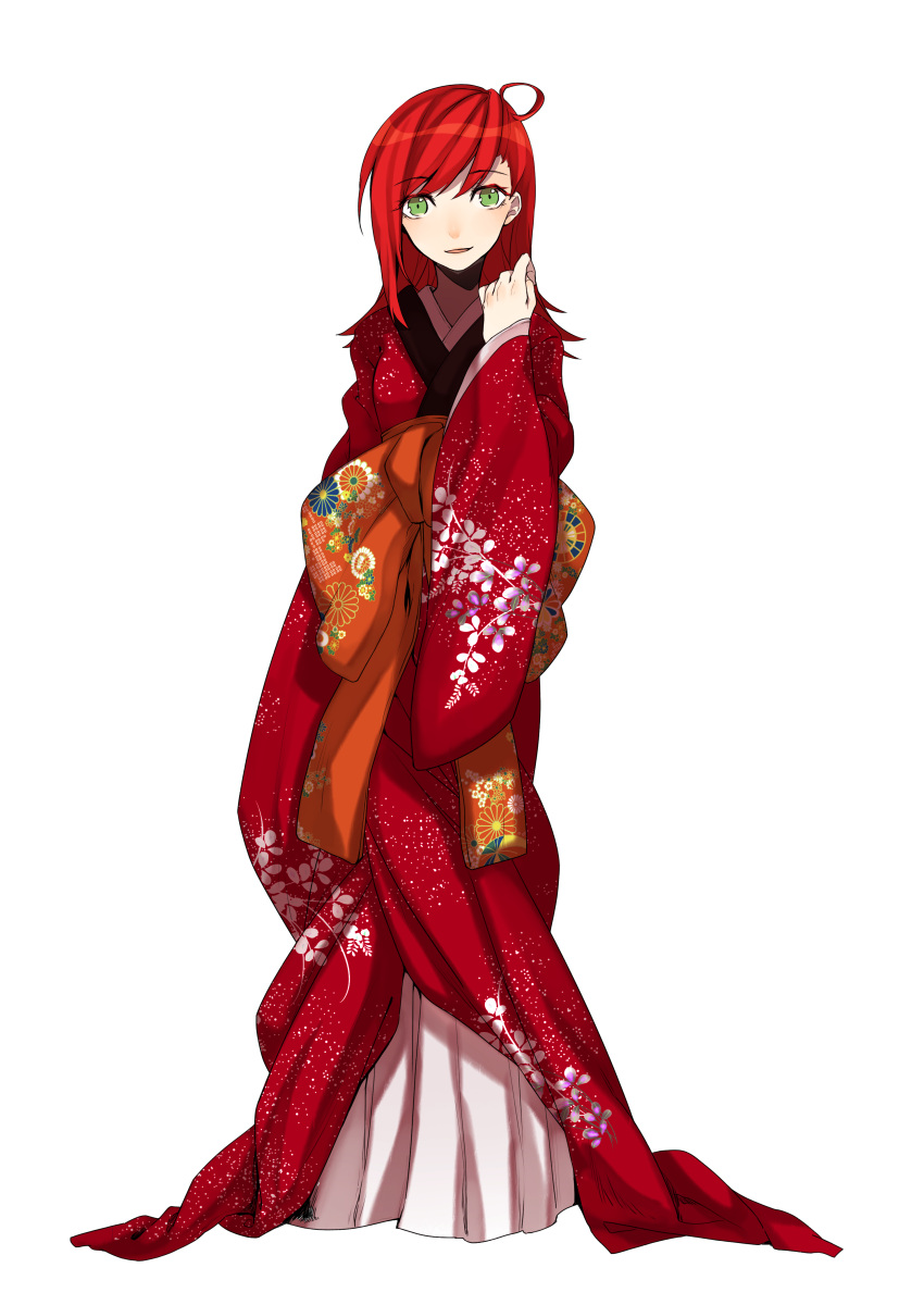 1girl absurdres full_body green_eyes highres japanese_clothes kimono long_hair long_sleeves looking_at_viewer red redhead solo transparent_background